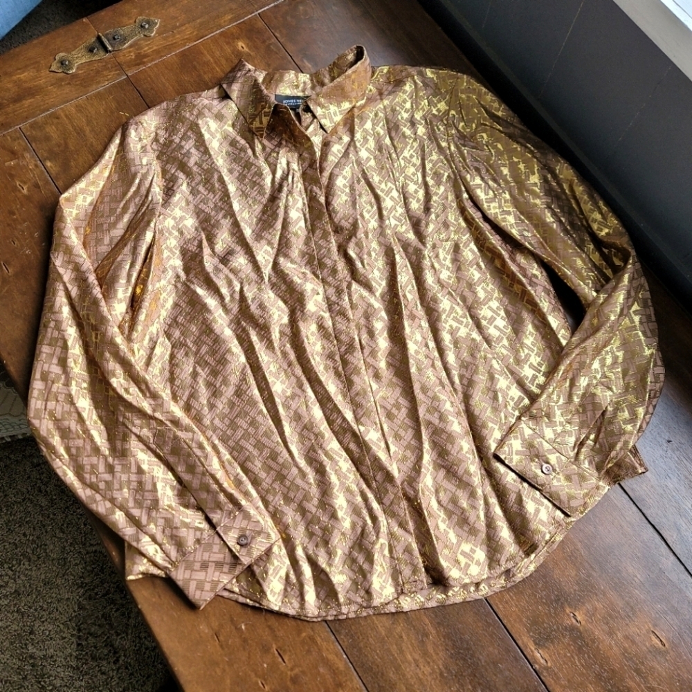 Jones New York Silk Metallic Foiled Button Down size 14 Gold Tan